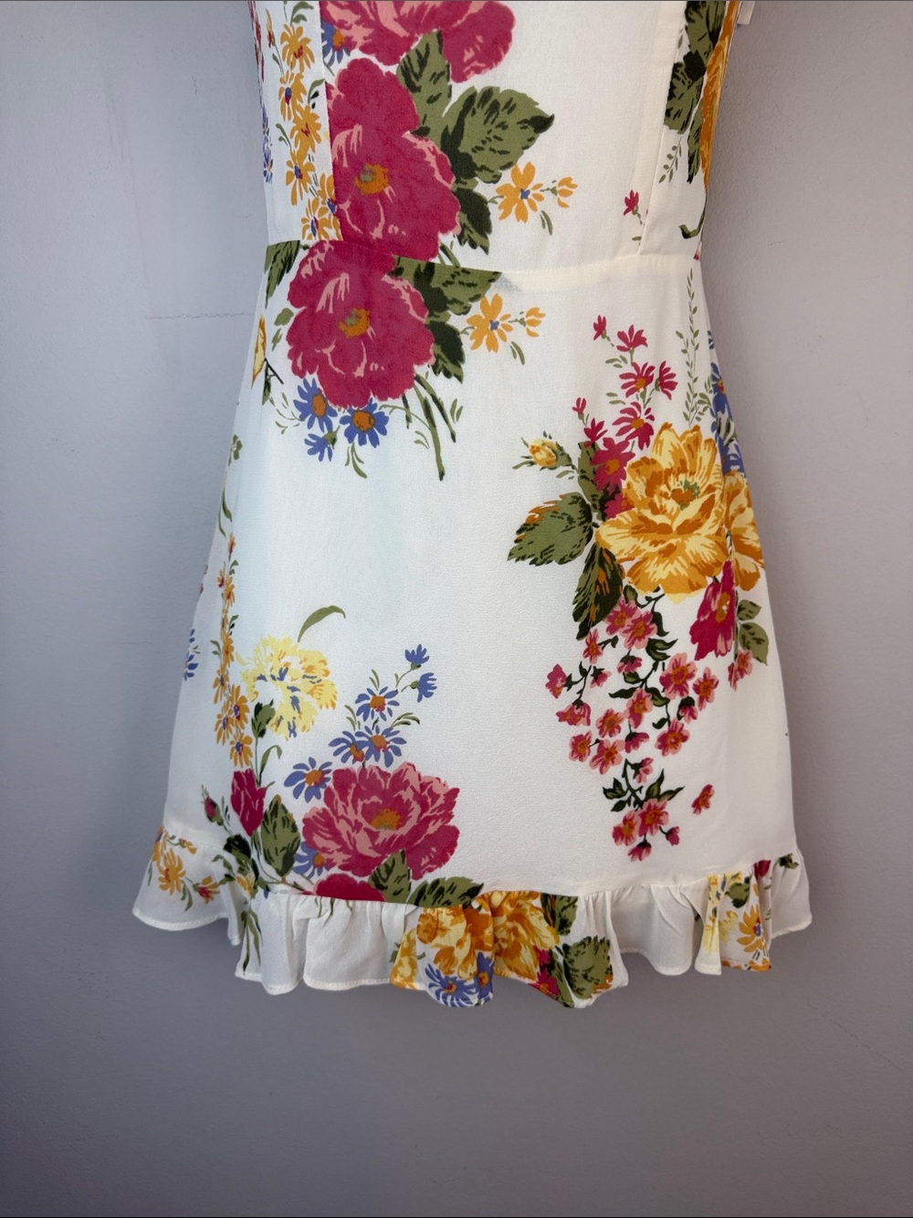 Reformation Christine Floral Bouquet Mini Dress Tie Shoulder Strap Ruffle Size 0 - Picture 7 of 16
